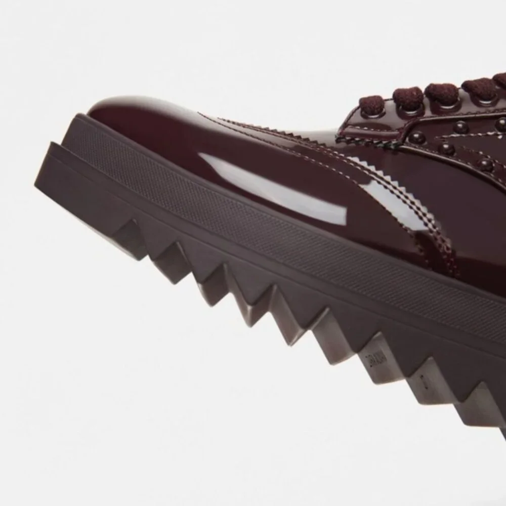 NWT Zara Platform Patent Faux Leather Derby Oxfords 38 7.5 Studs Burgundy Chunky